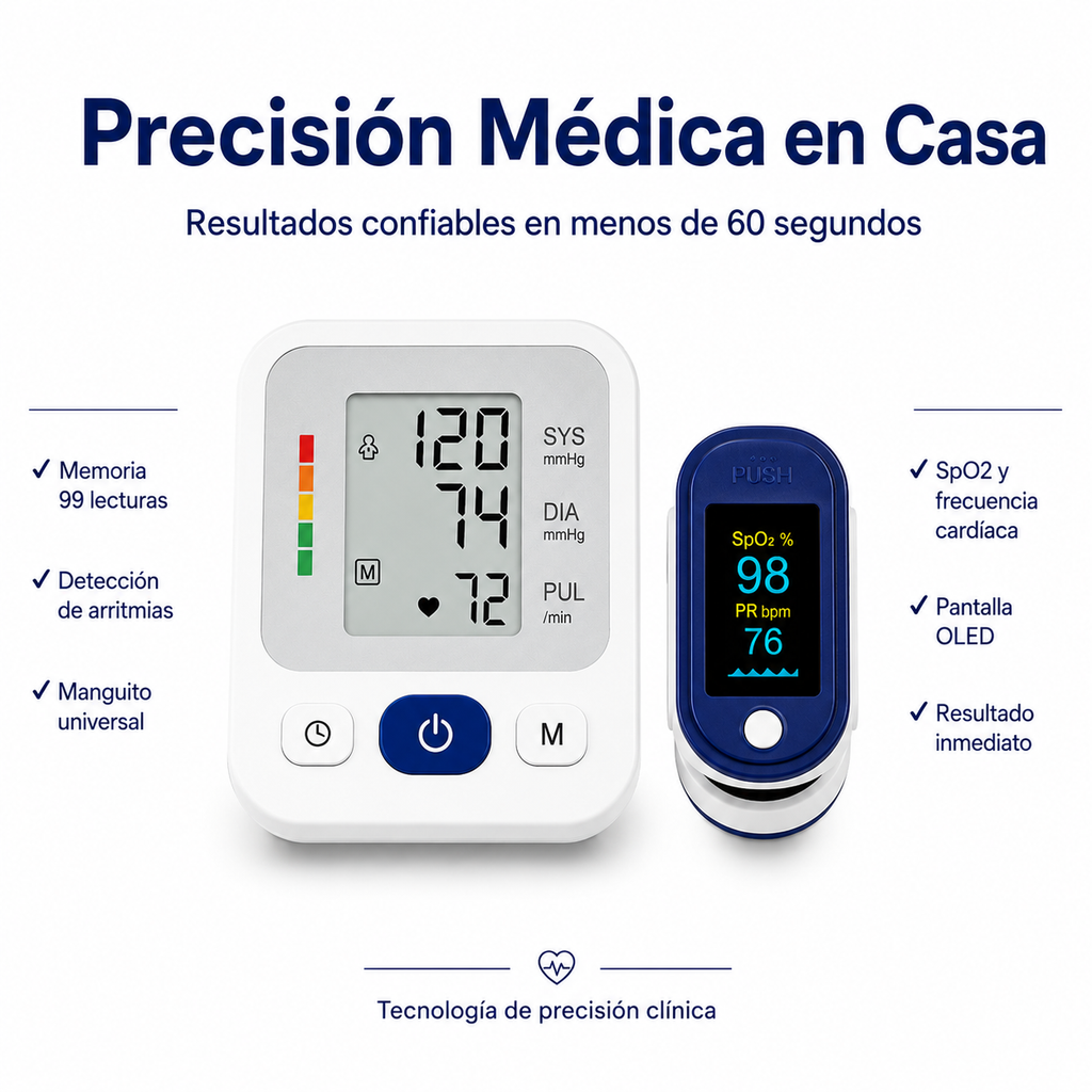 🫀❤️ Kit VitalCare® - Tensiómetro Digital de Brazo + Oxímetro de Pulso, Control de Presión Arterial y Saturación de Oxígeno, Resultados en Segundos, Para Toda la Familia 🏠💙✅